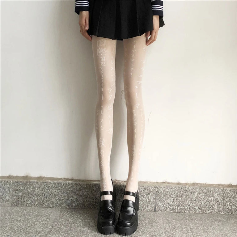 Women Y2K Sheer Letter Print Pantyhose Ultra Thin Sexy Tights