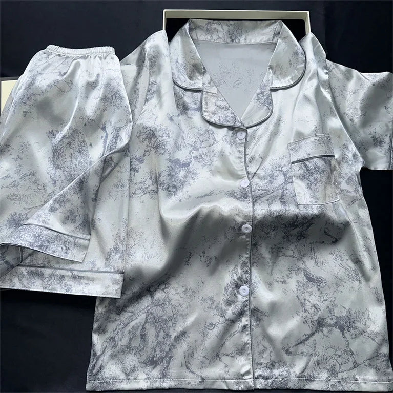 Women’s Geometric Satin Pajamas | V-Neck Ink Painting Set