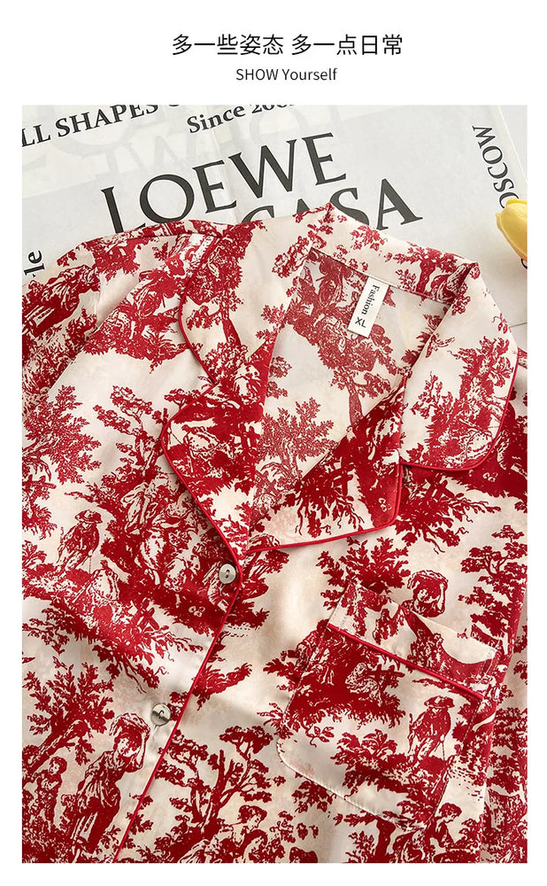 Elegant Floral Satin Pajama Set | Long Sleeve Summer Sleepwear