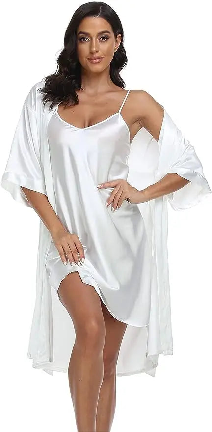 2pc Silk Pajama Set | Satin Robe & Chemise Nightgown