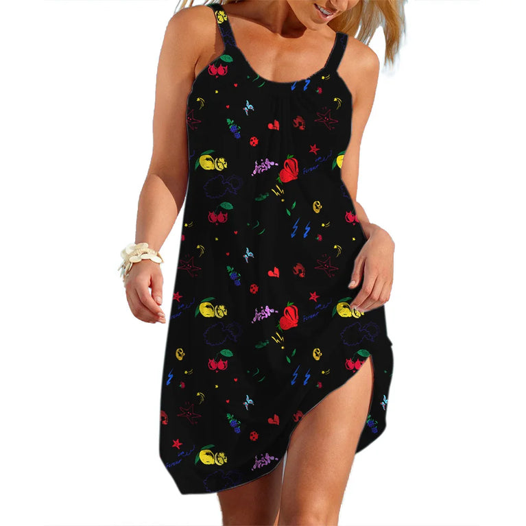 Floral Bow Neck Casual Loose A-Line Sleeveless Summer Slip Dress Knee-Length