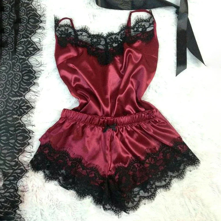 Lace Satin 2-Piece Pajama Set – Sexy V-Neck Strap Vest & Matching Sleep Shorts for Women