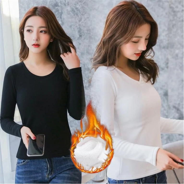 Womens Thermal Velvet T-Shirt | Warm Elastic Winter Base Layer