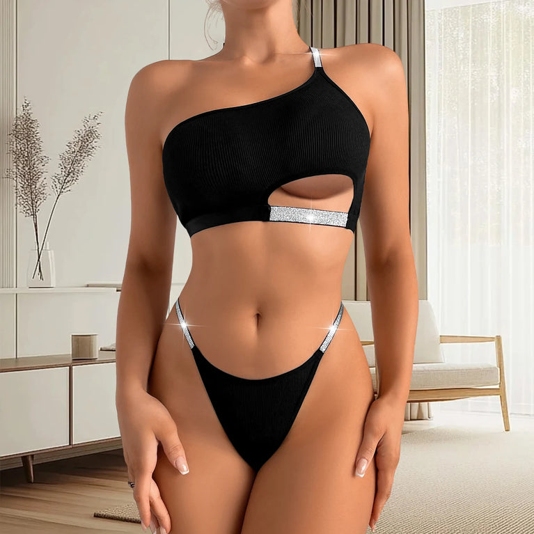 2PCS SEXY WOMEN BRA PANTY SET SHINY ELEGANT BACKLESS LINGERIE SET