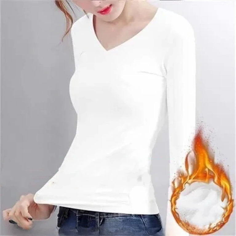 Womens Thermal Velvet T-Shirt | Warm Elastic Winter Base Layer
