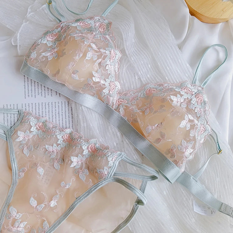 French Floral Embroidery Bra Set | Ultra-Thin Triangle Cups
