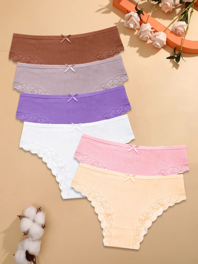6pc Cotton Lace Panties | Crossed Belt Brazilian Briefs
