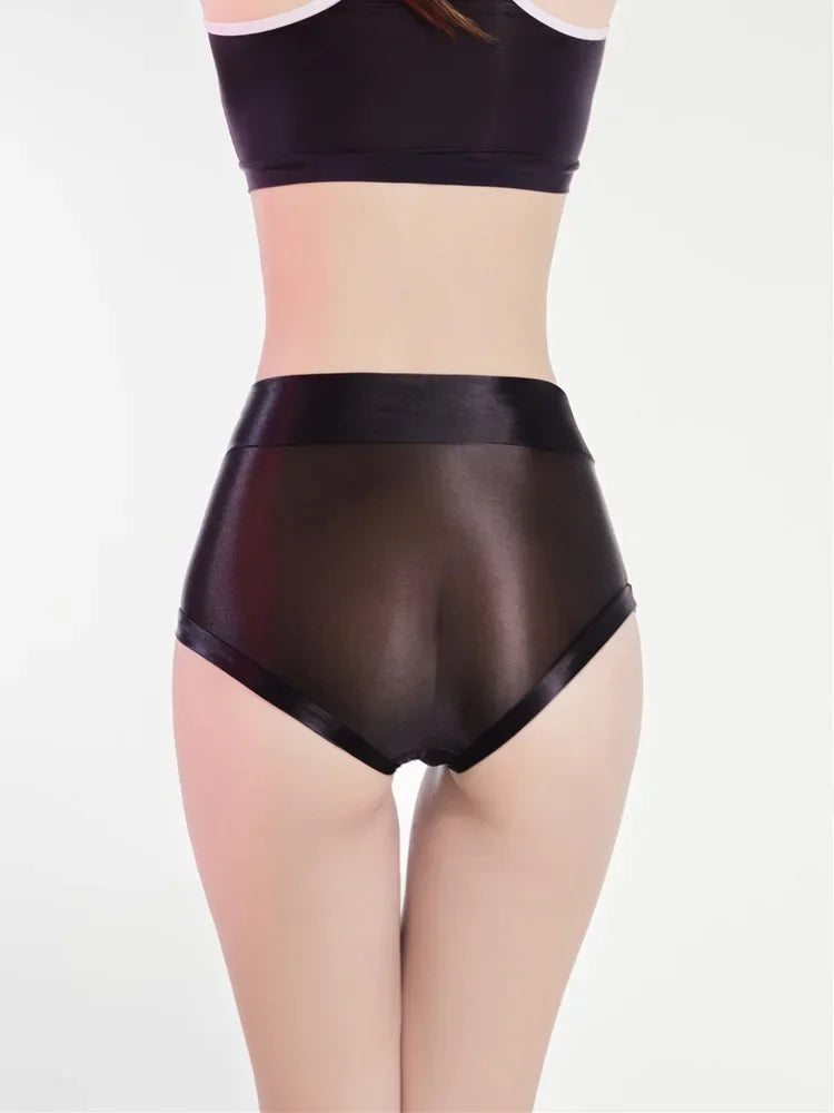 Oil Glossy Sheer High-Waist Briefs – Sexy Ultra-Thin Yoga & Beachwear Panties
