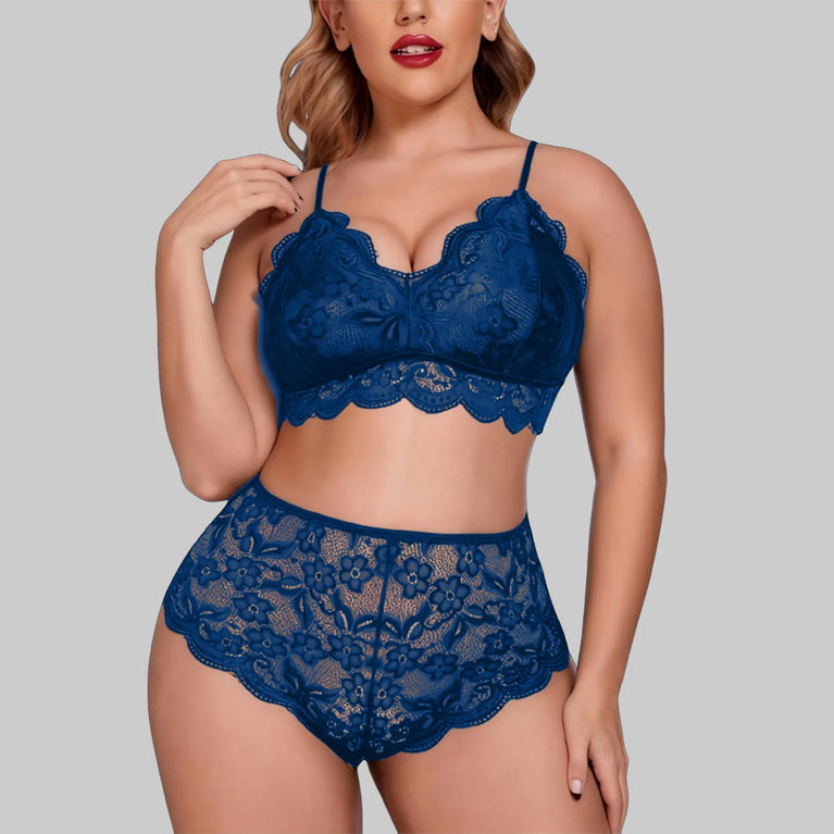 SEAMLESS LACE DEEP V NECK PUSH UP BRA SET HIGH WAIST THONG PLUS SIZE LINGERIE