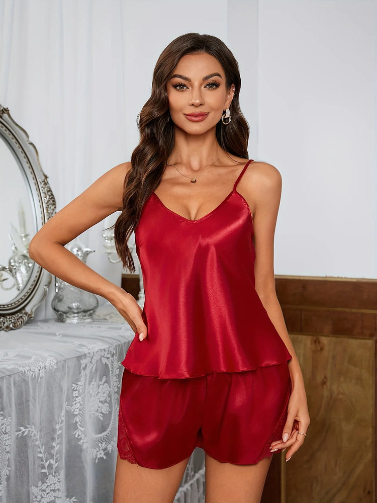 Women’s Luxury Satin Pajama Set | Sexy Deep V Lace Cami