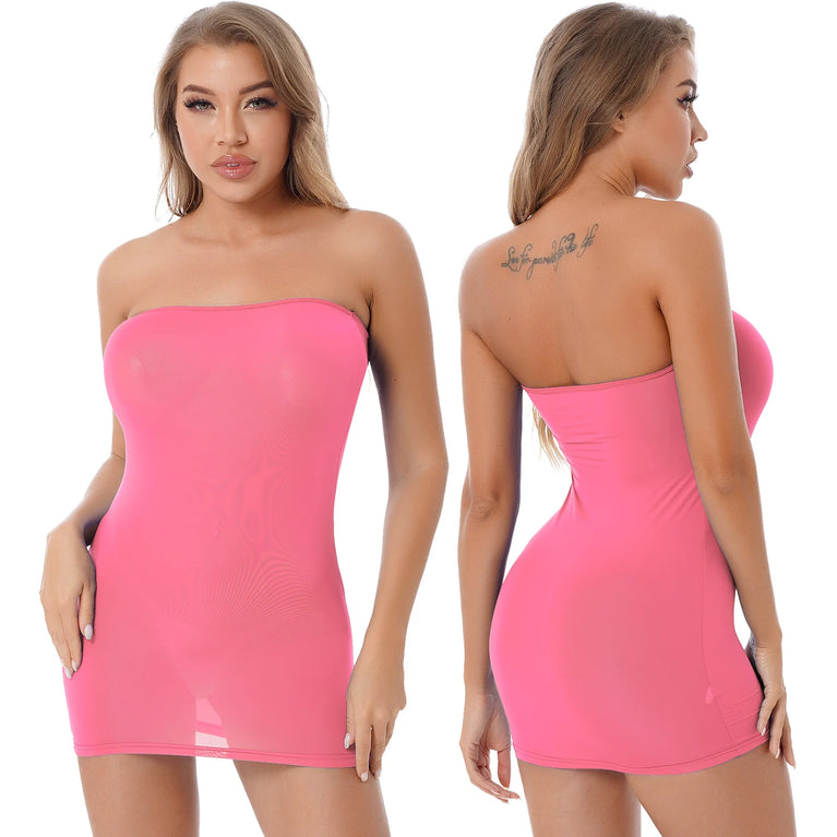 Womens Satin Slip Dress Strapless Zipper Bodycon Mini Club Nightwear Dress