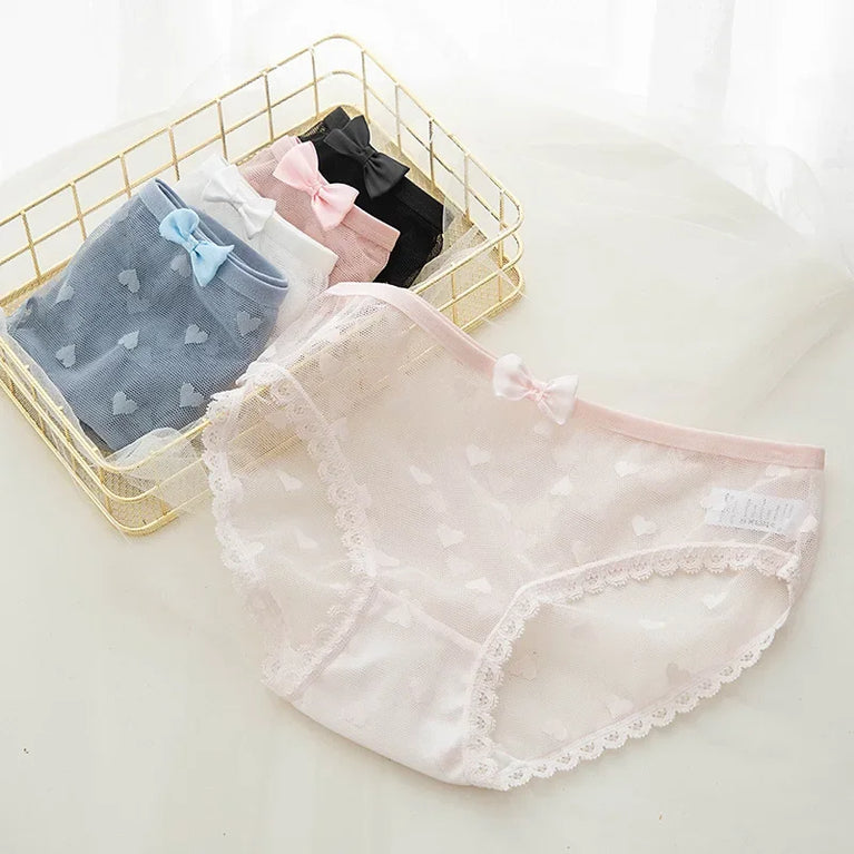 Sweetheart Mesh Briefs | Transparent Bow Heart Panties