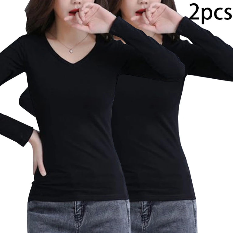 2-Pack Women’s V-Neck Thermal Tops | Slim-Fit Autumn Layer
