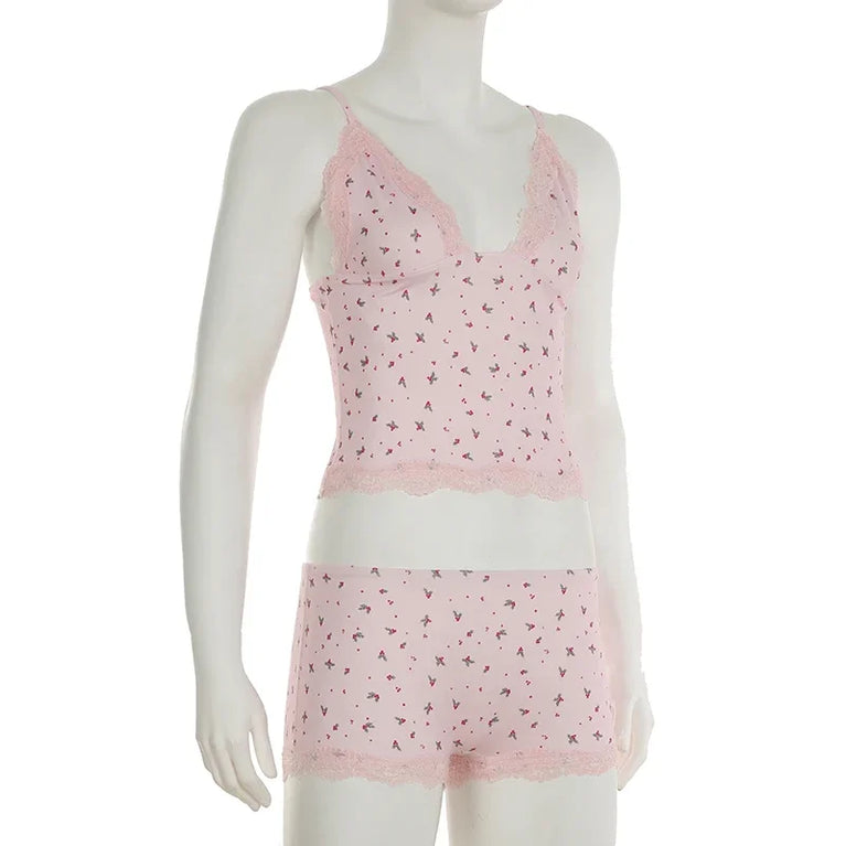 Women’s Floral Lace Pajama Set | Sleeveless Camisole & Shorts