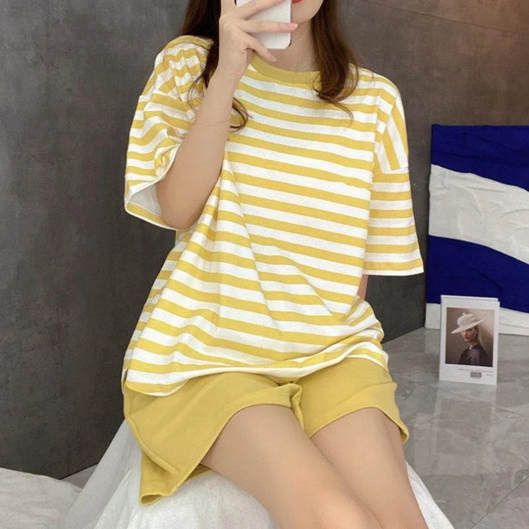 Women’s Striped Pajama Set | Built-in Chest Pads & Shorts