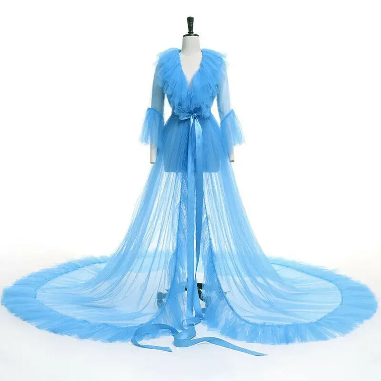 Sheer Tulle Maxi Robe | Layered Ruffle Floor Gown