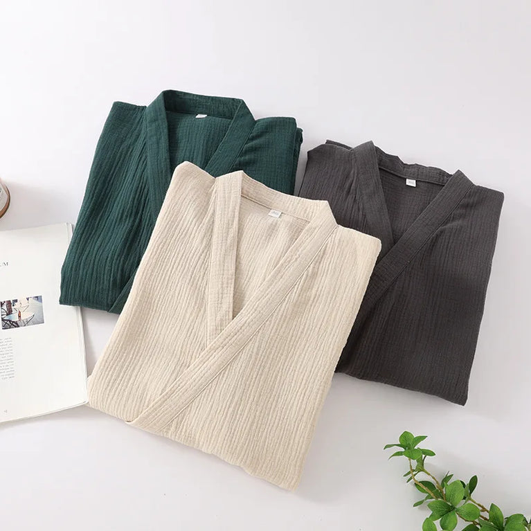 2026 Japanese Style 100% Cotton Crepe Robe – Breathable Summer Couple’s Kimono Bathrobe & Thin Sleeping Gown