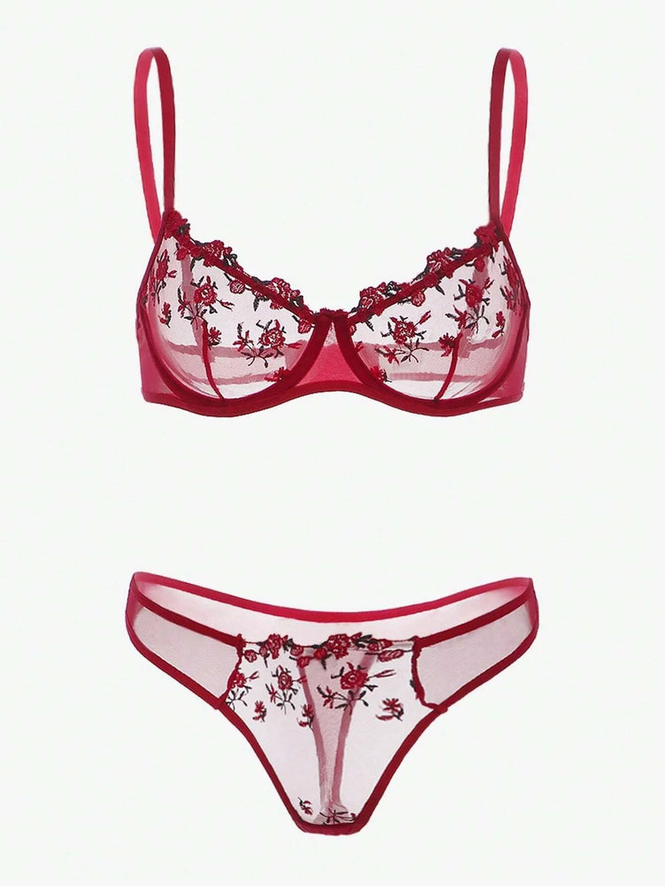 Floral Embroidery Wire-Free Bra & Brief Set – Unlined Sexy Lingerie