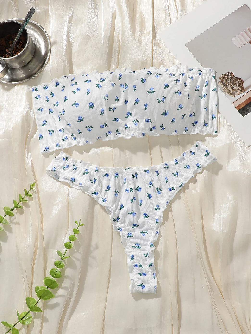 Floral Embroidery Unlined Bra & Brief Set – Wireless Sexy Lingerie