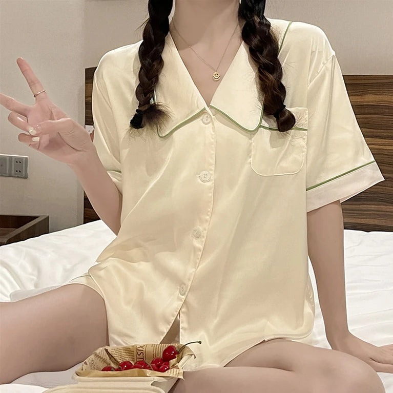 Women’s Ice Silk Sleepwear Set | Sweet Short Sleeve PJs