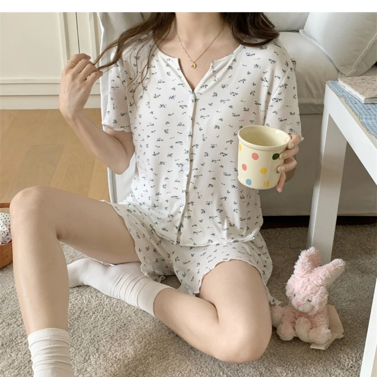 Women’s Floral Summer Pajama Set | Korean Style Home Clothes