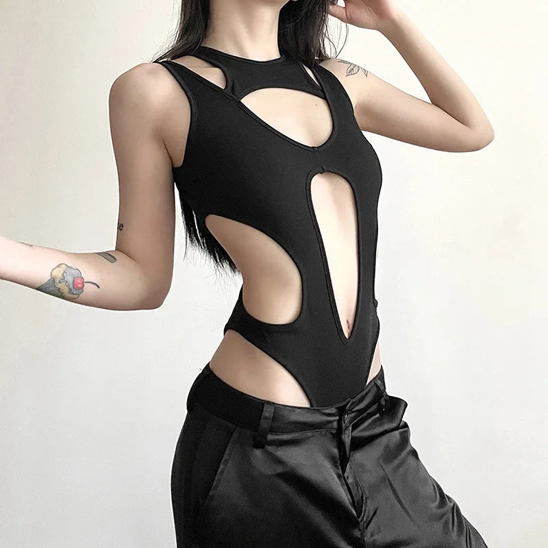 Hollow-Out Gothic Bodysuit | Sexy Woven Spring Top