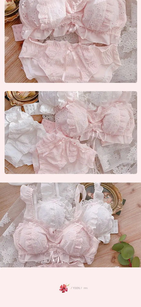 Sweet Lolita Cotton Embroidery Bra Set | Wireless Ruffle Duo