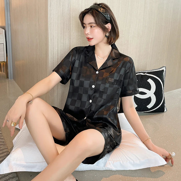Women’s Ice Silk Sleepwear Set | Sweet Short Sleeve PJs