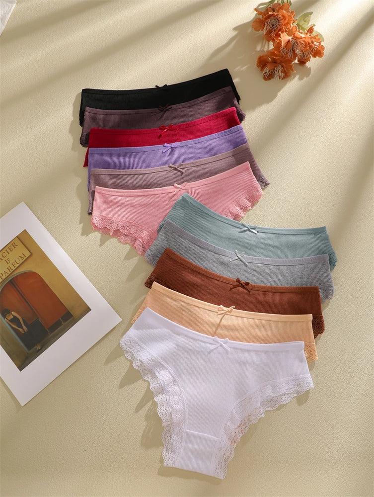 6pc Cotton Lace Panties | Crossed Belt Brazilian Briefs