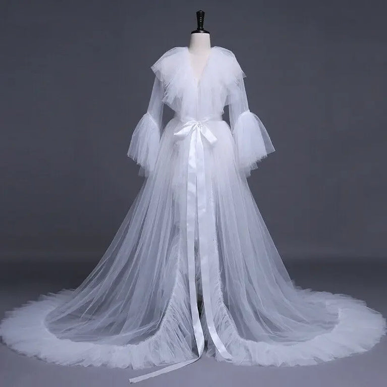 Sheer Tulle Maxi Robe | Layered Ruffle Floor Gown